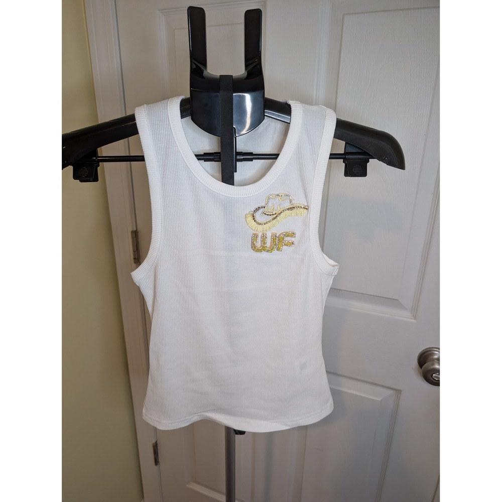 White‎ Fox Honey Please Tank Top White Cowboy Hat Rhinestone Ribbed NWT - Size S